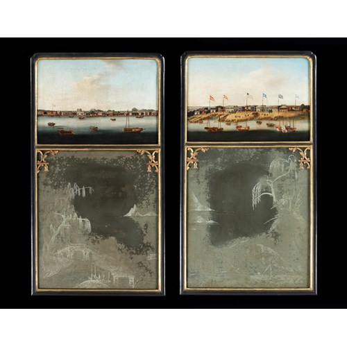 A pair of Chinese export mirrors incorporating landscape paintings on canvas of shanghai and canton